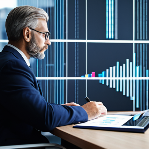**Prompt for Strategic Leadership & Reflection**
    A professional, diverse male leader in a modern, well-lit office, wearing a modest business suit, seated at a sleek wooden desk. He is thoughtfully reviewing data and strategic insights displayed on a holographic interface or a large transparent screen, a digital business journal visible. The background is softly blurred, indicating a focus on deep thought and future planning. The atmosphere is calm and intellectual, emphasizing foresight and strategic vision. Perfect anatomy, correct proportions, natural pose, well-formed hands, proper finger count, natural body proportions, professional photography, high quality, fully clothed, appropriate attire, modest clothing, professional dress, safe for work, appropriate content.