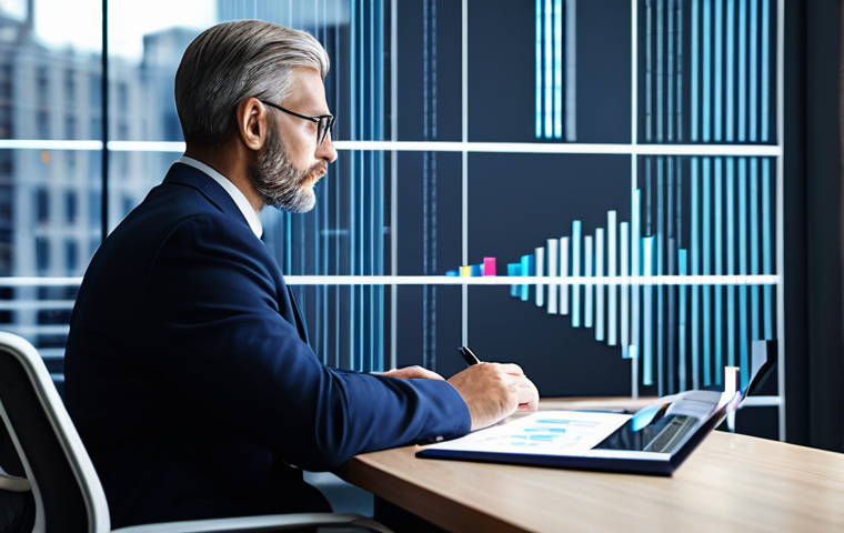 **Prompt for Strategic Leadership & Reflection**
    A professional, diverse male leader in a modern, well-lit office, wearing a modest business suit, seated at a sleek wooden desk. He is thoughtfully reviewing data and strategic insights displayed on a holographic interface or a large transparent screen, a digital business journal visible. The background is softly blurred, indicating a focus on deep thought and future planning. The atmosphere is calm and intellectual, emphasizing foresight and strategic vision. Perfect anatomy, correct proportions, natural pose, well-formed hands, proper finger count, natural body proportions, professional photography, high quality, fully clothed, appropriate attire, modest clothing, professional dress, safe for work, appropriate content.