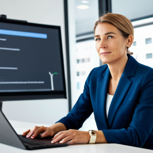 A professional leadership coach, wearing a modest business suit, actively facilitating an online coaching session. She is seated at a sleek modern desk with a large, interactive digital screen displaying collaborative brainstorming tools. Her expression is focused and empathetic, making eye contact towards the virtual participants. The background is a bright, contemporary office space with soft, professional lighting. Fully clothed, appropriate attire, safe for work, professional, perfect anatomy, correct proportions, natural pose, well-formed hands, proper finger count, natural body proportions, high-quality professional photography.