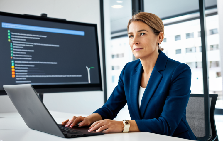 A professional leadership coach, wearing a modest business suit, actively facilitating an online coaching session. She is seated at a sleek modern desk with a large, interactive digital screen displaying collaborative brainstorming tools. Her expression is focused and empathetic, making eye contact towards the virtual participants. The background is a bright, contemporary office space with soft, professional lighting. Fully clothed, appropriate attire, safe for work, professional, perfect anatomy, correct proportions, natural pose, well-formed hands, proper finger count, natural body proportions, high-quality professional photography.