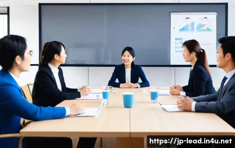 리더십 코치 자격증 취득 과정 - A modern Japanese office setting with a diverse team engaged in a leadership training workshop. The ...