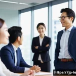 리더십 코치 실습 가이드 - A modern Japanese business leader in a sleek office environment, dressed in professional business at...