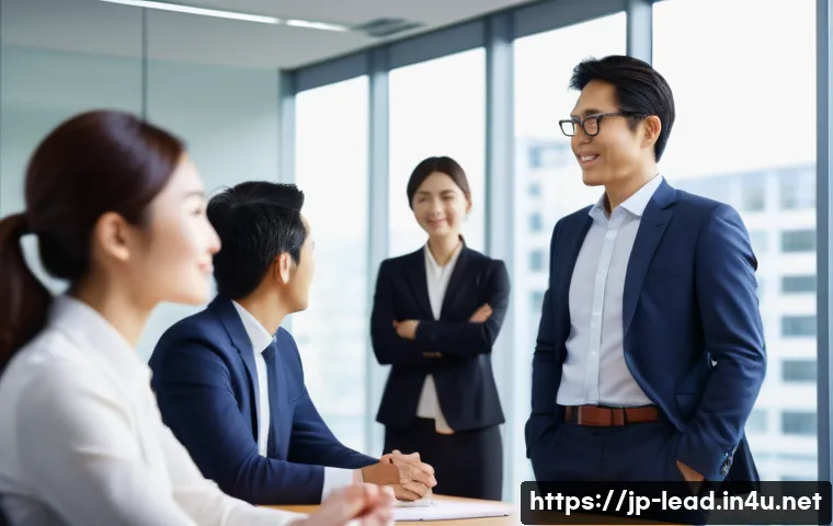 리더십 코치 실습 가이드 - A modern Japanese business leader in a sleek office environment, dressed in professional business at...