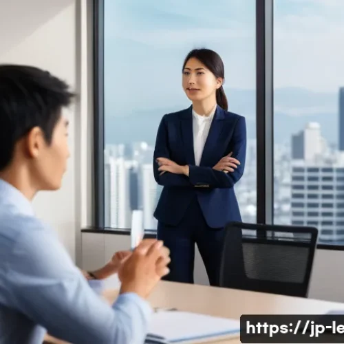 리더십 코치의 실제 사례 연구 - A modern Japanese office scene featuring a diverse group of professionals engaged in a leadership co...