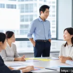 리더십 코칭을 통한 조직 성과 개선 - A modern Japanese office scene depicting a diverse team engaged in a leadership coaching session. Th...