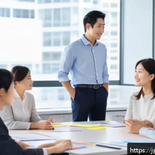 리더십 코칭을 통한 조직 성과 개선 - A modern Japanese office scene depicting a diverse team engaged in a leadership coaching session. Th...