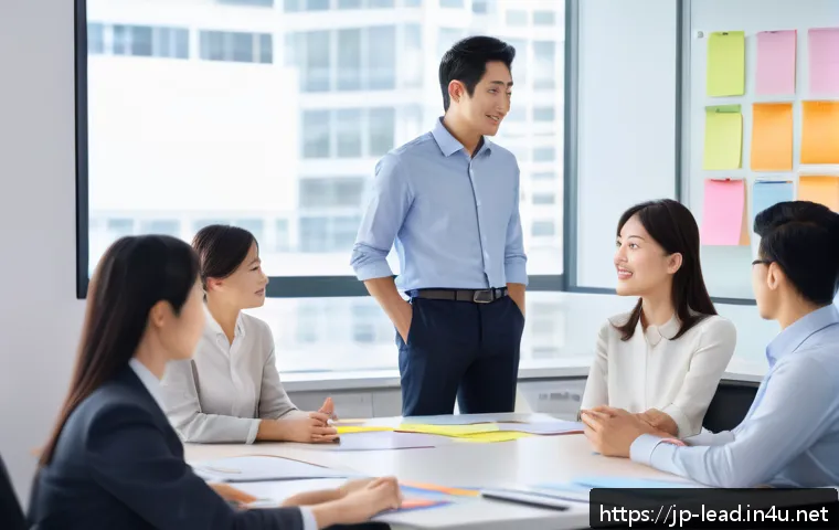 리더십 코칭을 통한 조직 성과 개선 - A modern Japanese office scene depicting a diverse team engaged in a leadership coaching session. Th...